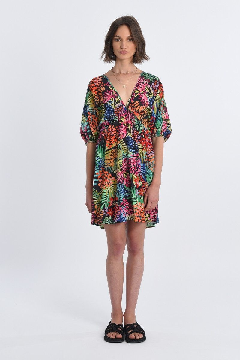 Molly Bracken V neck printed dress black pink blue BLACK MAREVA