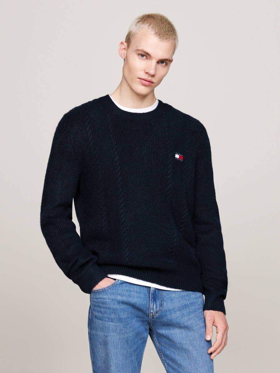Tommy Jeans Slim Fit Rundhals-Pullover mit Zopfstrick blau (C1G