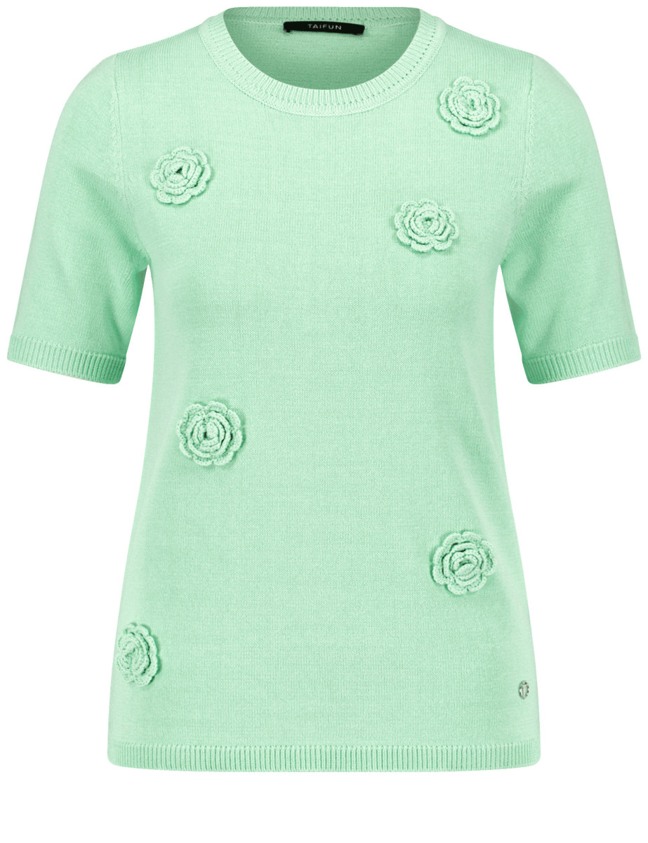 Taifun Kurzarmpullover mit Häkel-Blumen - grün (05730)