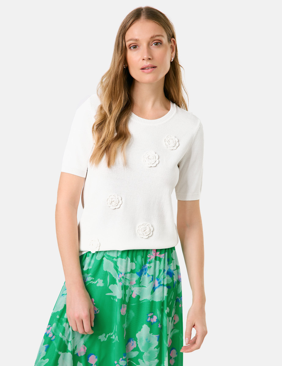 Taifun Kurzarmpullover mit Häkel-Blumen - weiß (09702)